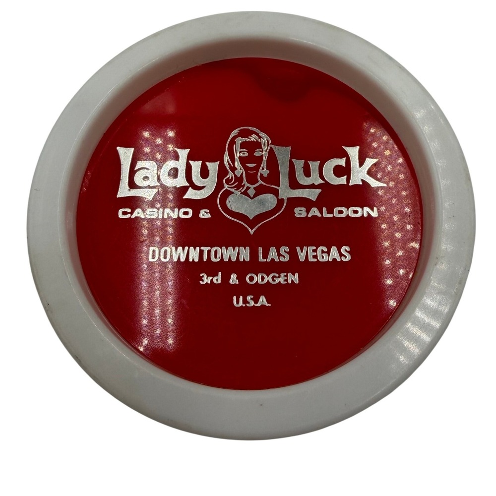 Vintage Lady Luck Casino Saloon Las Vegas Plastic Ashtray Red White USA Made